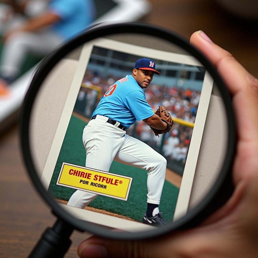 A baseball card being examined under a magnifying glass with a focus on the grading label