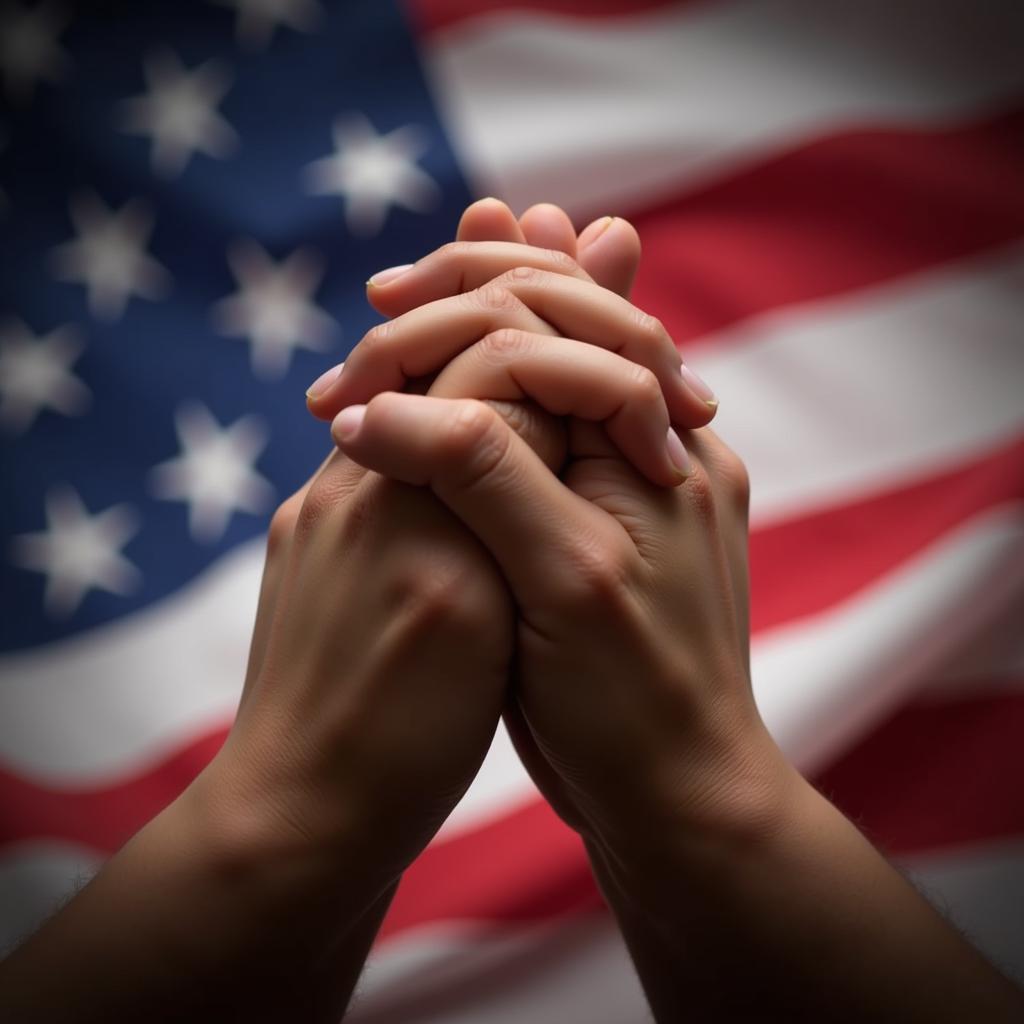 Hands clasped in prayer in front of an American flag