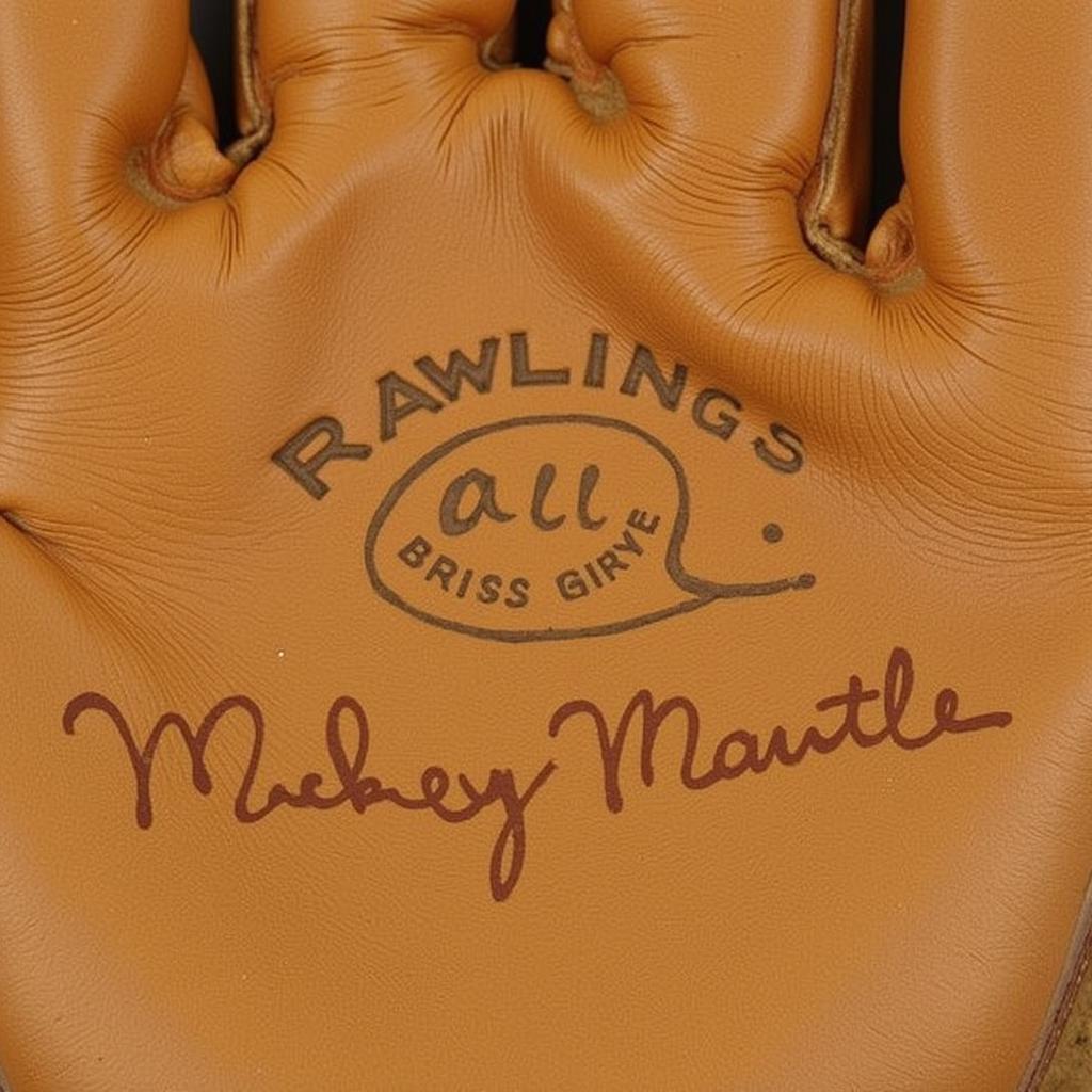 Close-up view of the Rawlings label on a Mickey Mantle glove