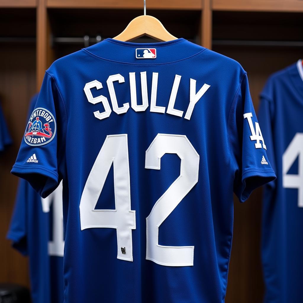 Close-up of a Vin Scully Dodgers jersey