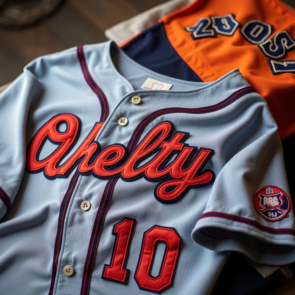 A close-up shot focuses on the intricate details of a white and red baseball jersey, highlighting the stitching, logo, and fabric texture.