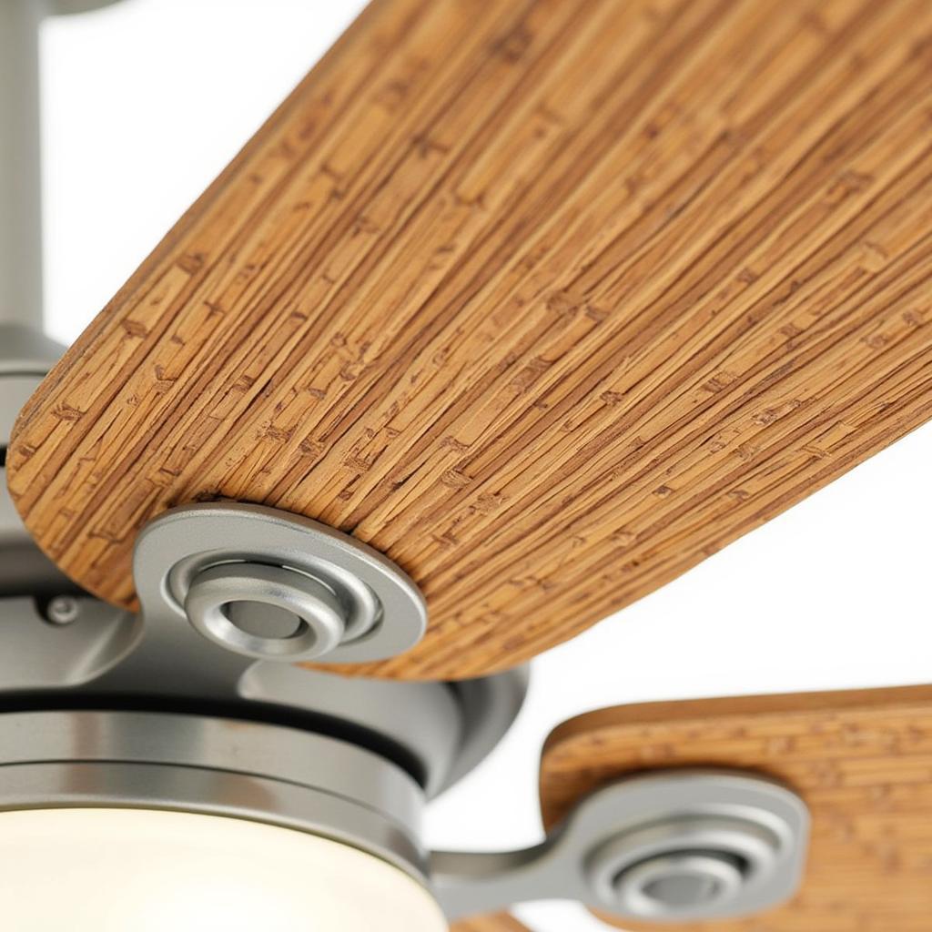 Close-up view of woven cane ceiling fan blades