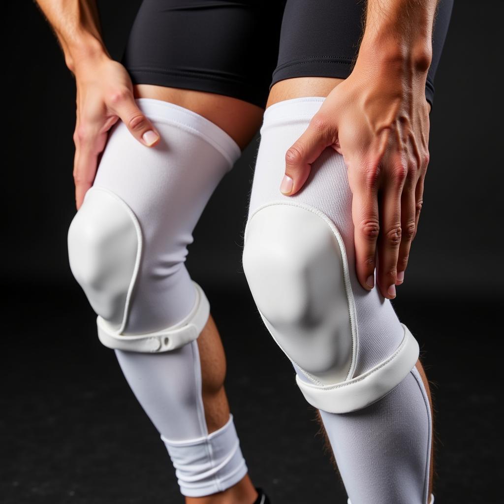 Close-up of a wrestler adjusting their white knee pads