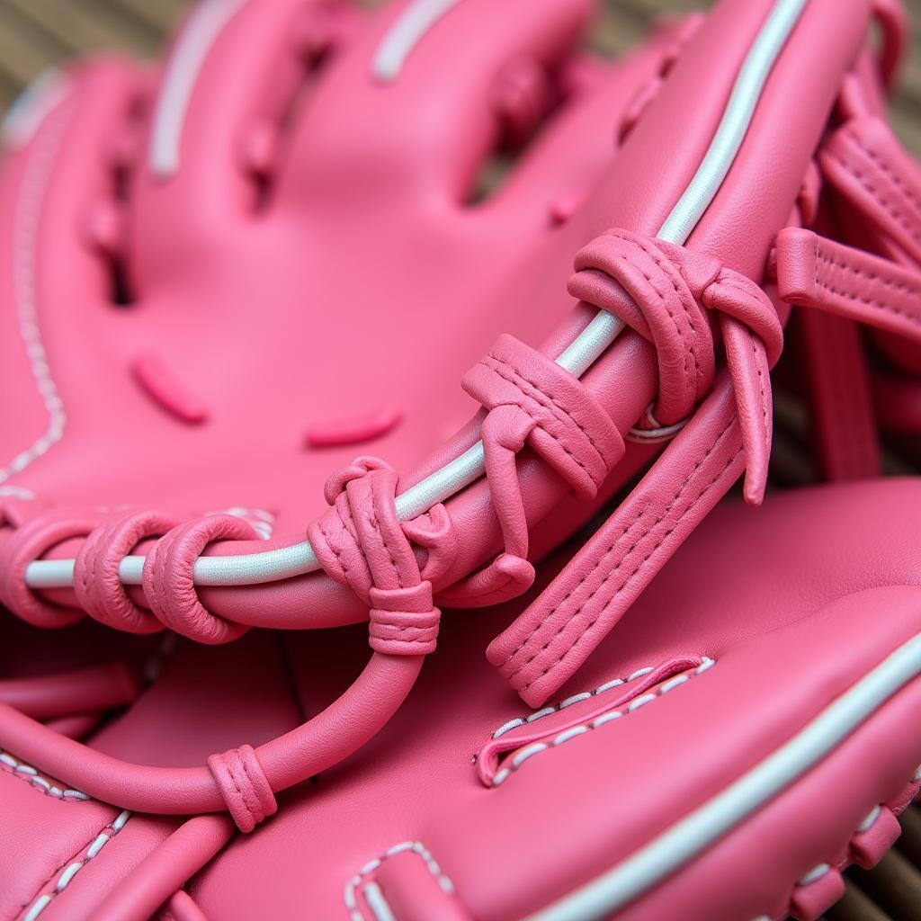 Close up of pink baseball glove stitching