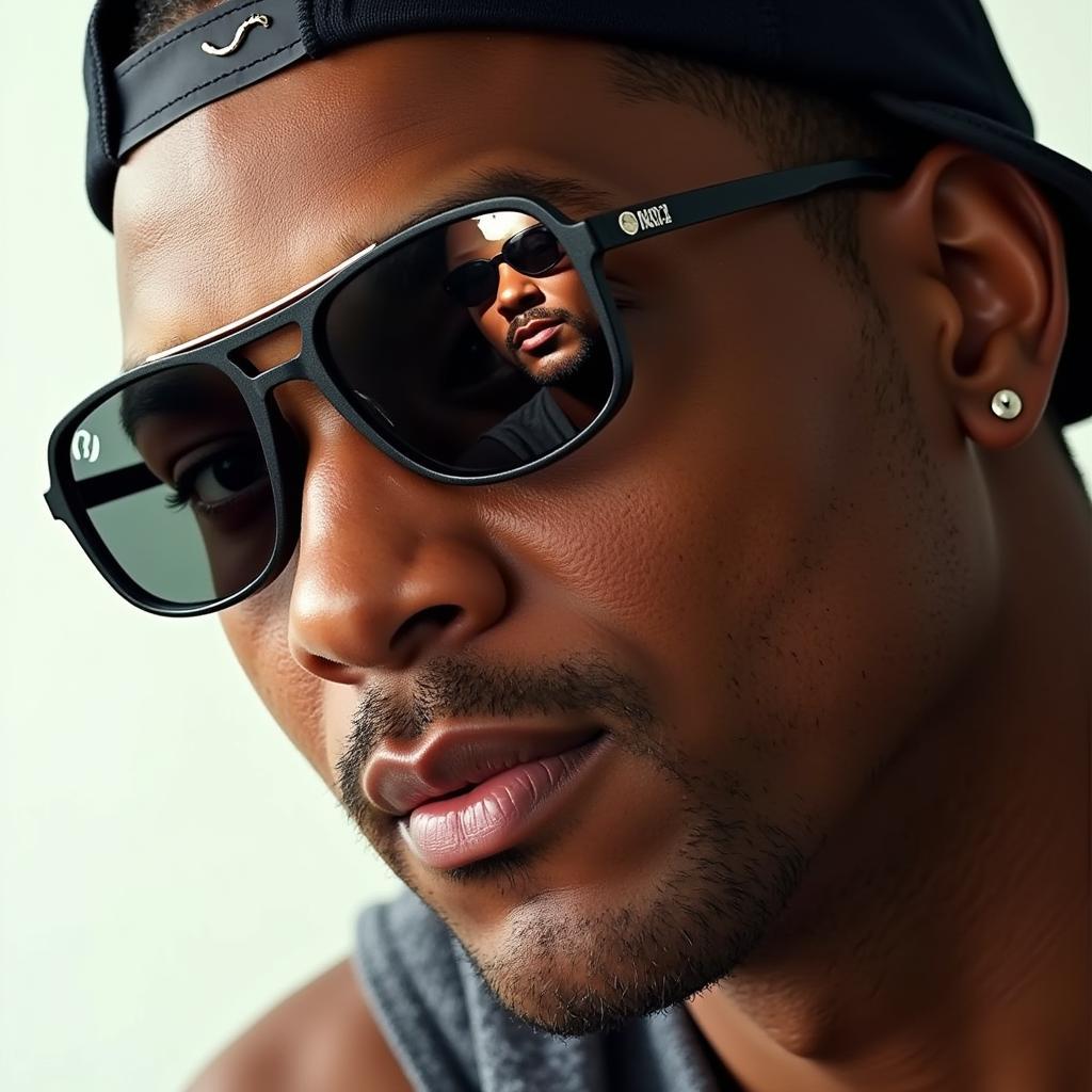 A close-up shot of sunglasses reflecting Will Smith's image