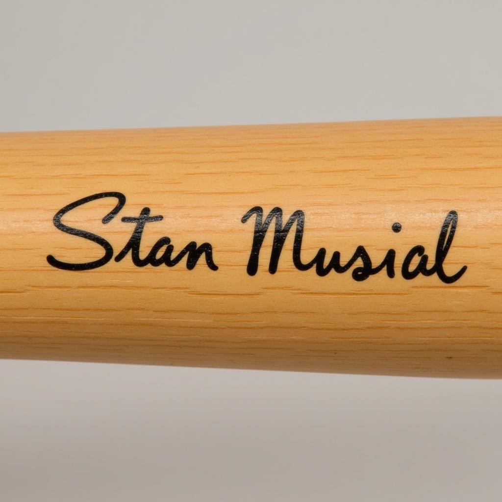  Closeup of Stan Musial signature on a baseball bat 