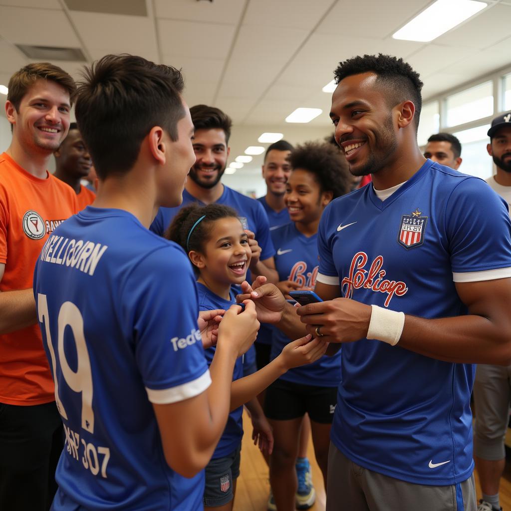  Football players interacting with young fans during a community event.