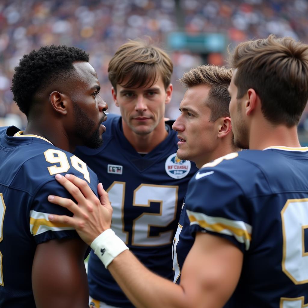 Football team huddled together in a motivational huddle.