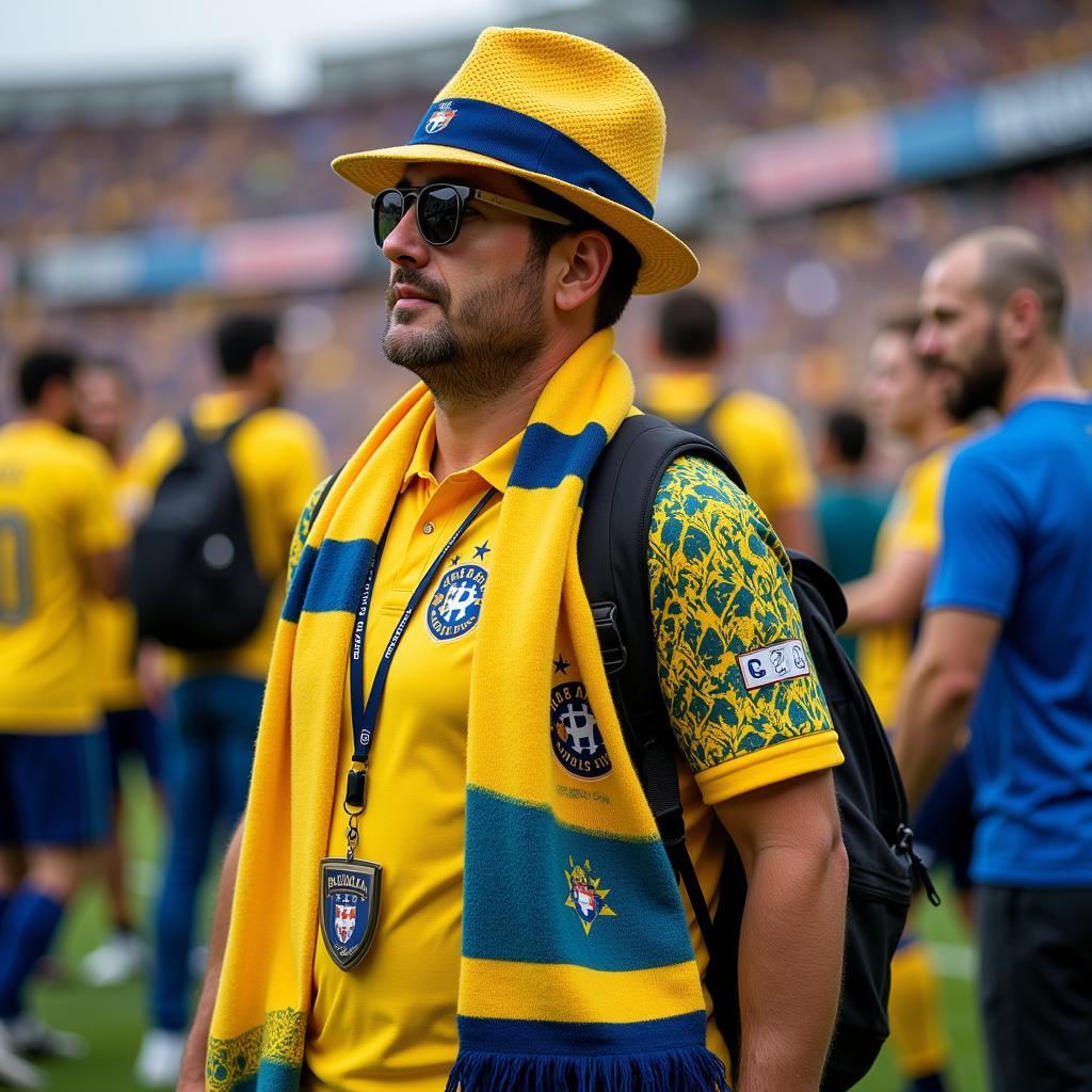  A fan wearing a Club America jersey, scarf, and backpack.