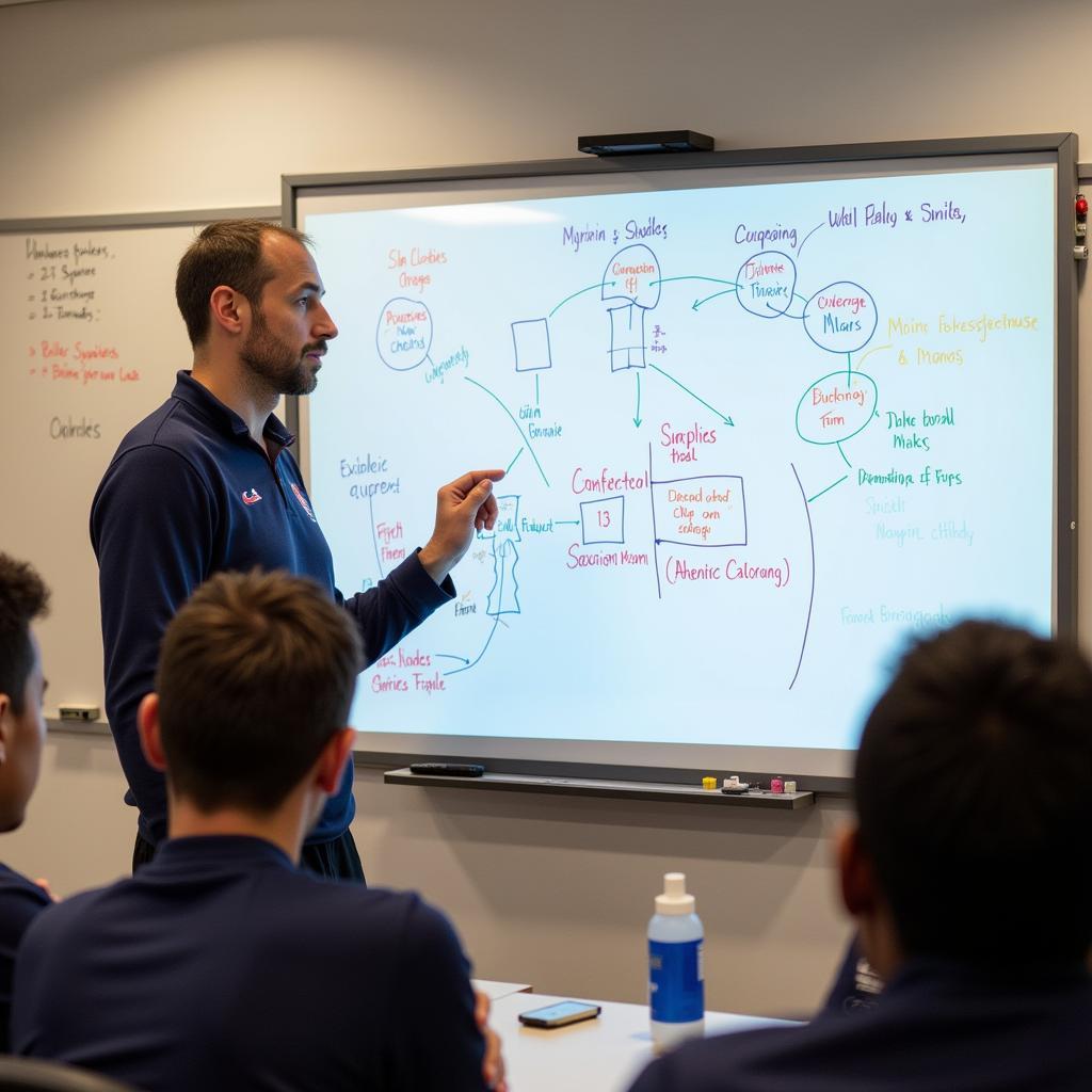 Coach explaining tactics on a whiteboard