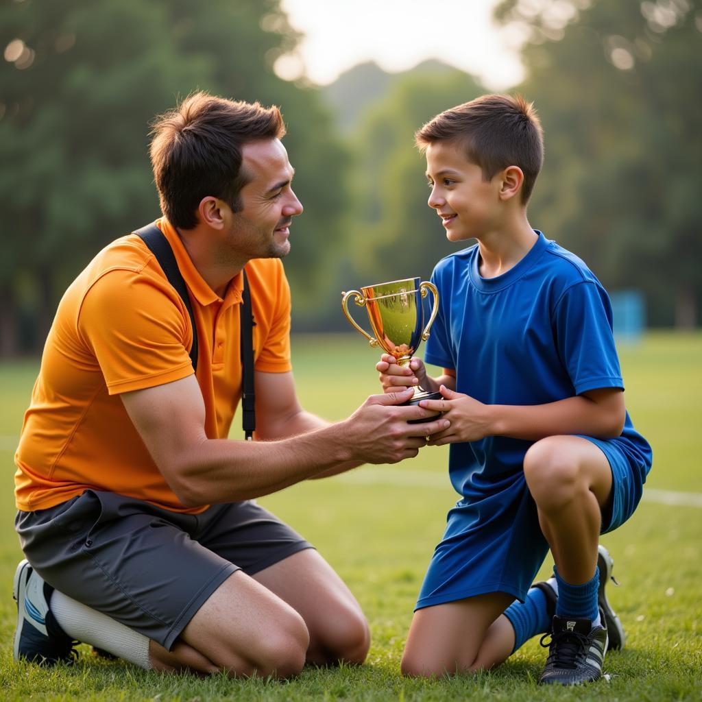 Coach presenting an appreciation trophy to a young athlete