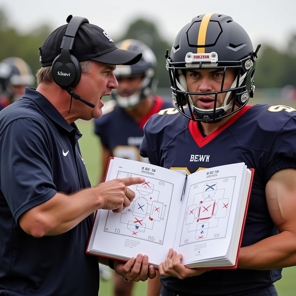 Football coach explaining a play using an 8 by 10 book