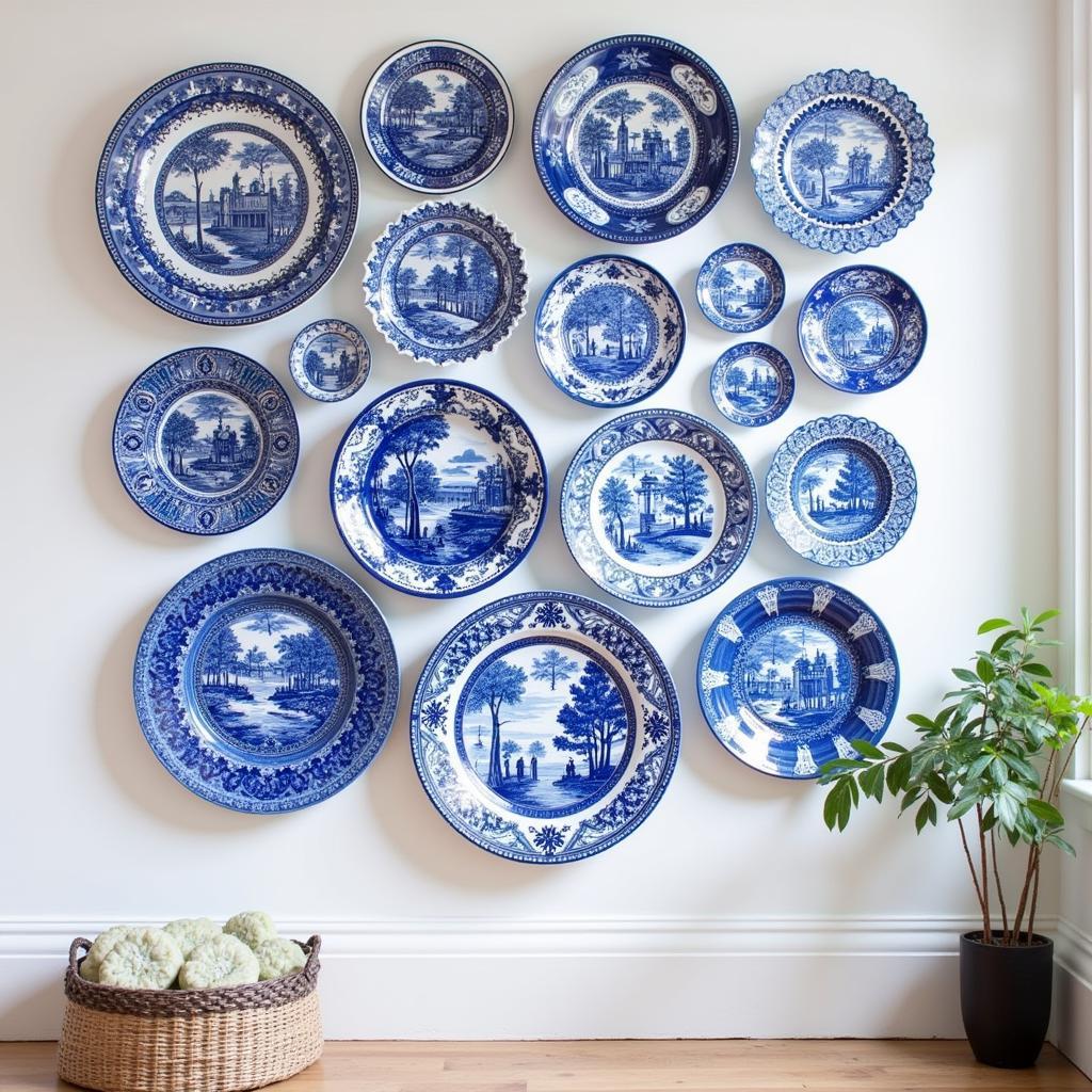 Collection of blue Turkish plates displayed on a wall