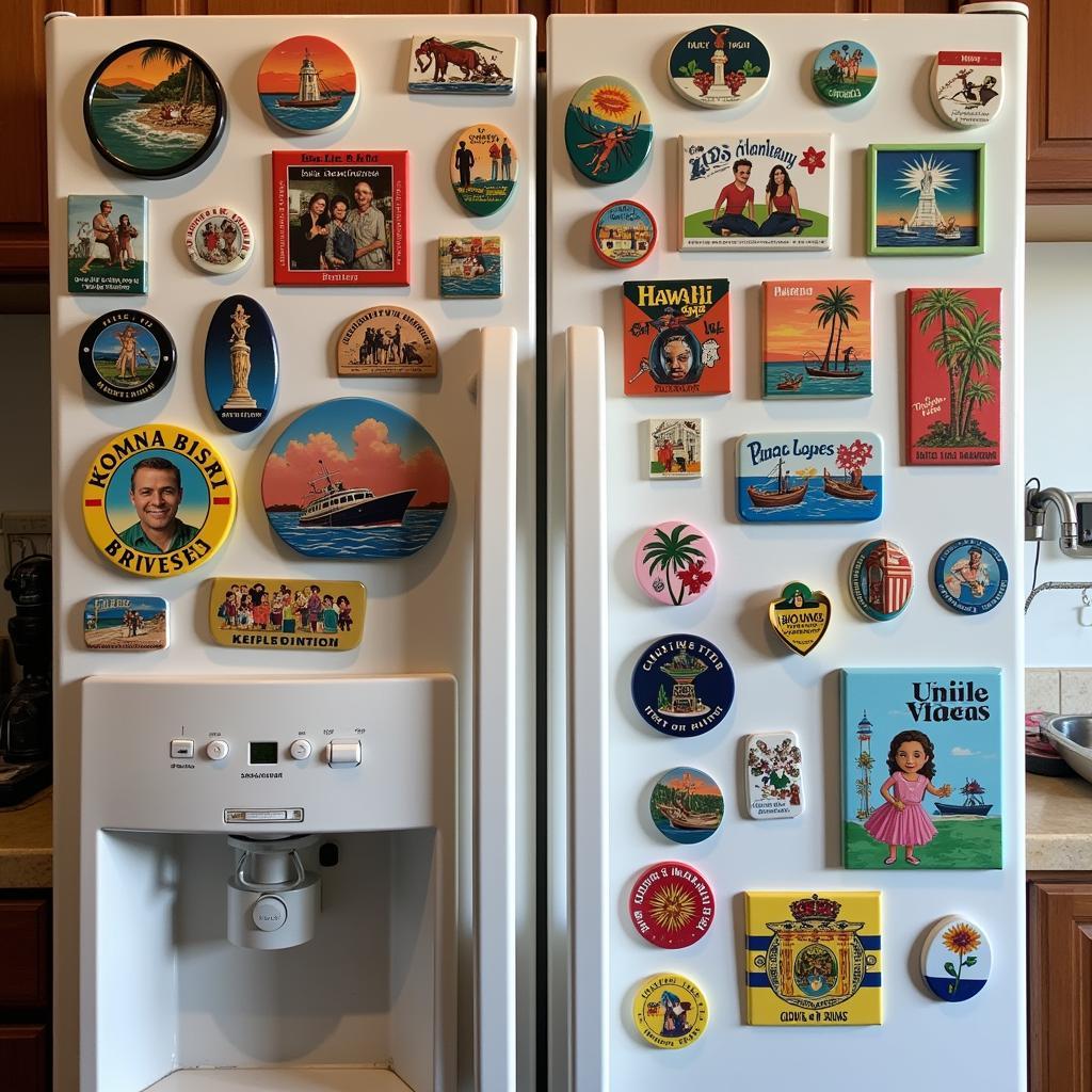 A collection of Hawaiian magnets decorating a refrigerator door.