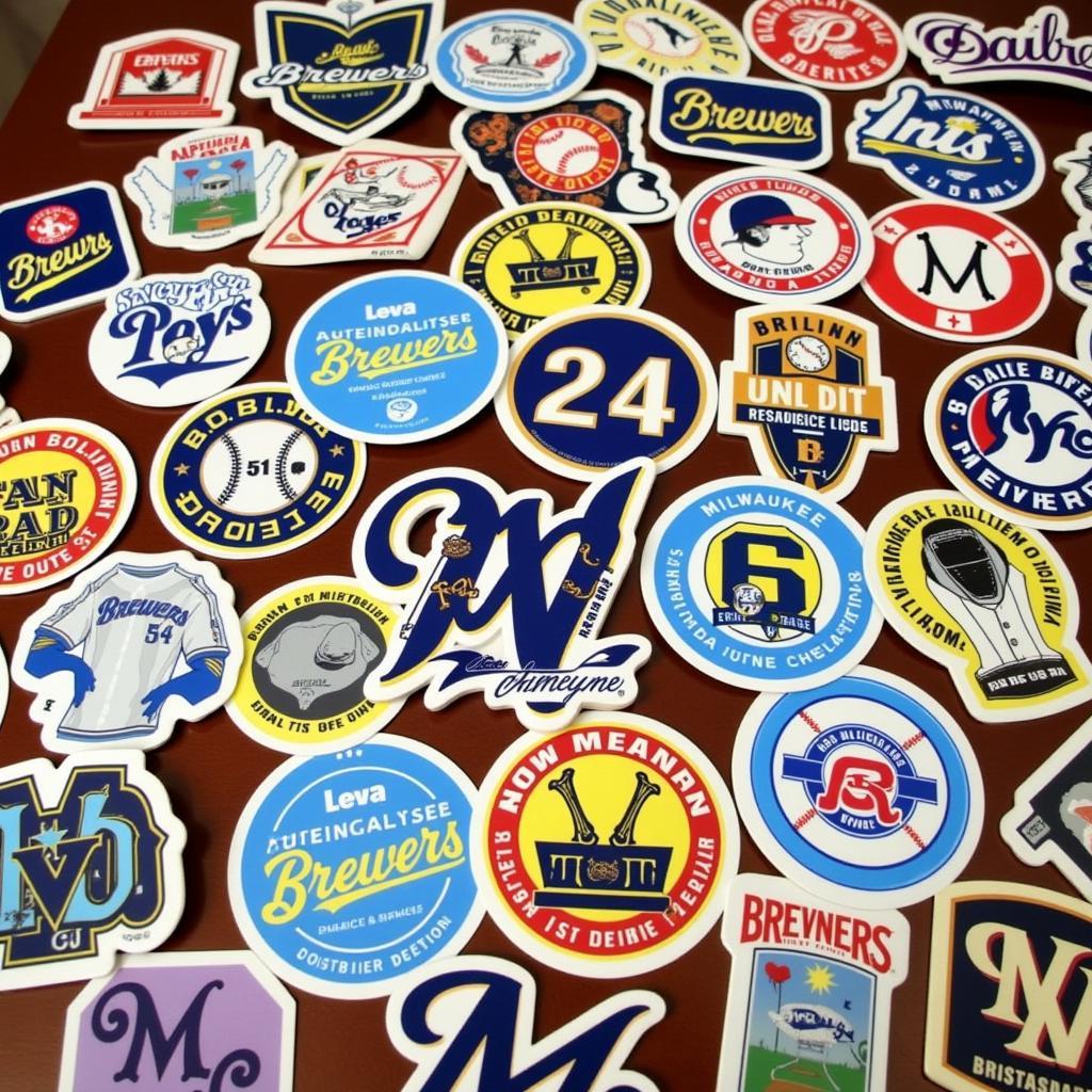 A collection of various Milwaukee Brewers decals showcased on a table