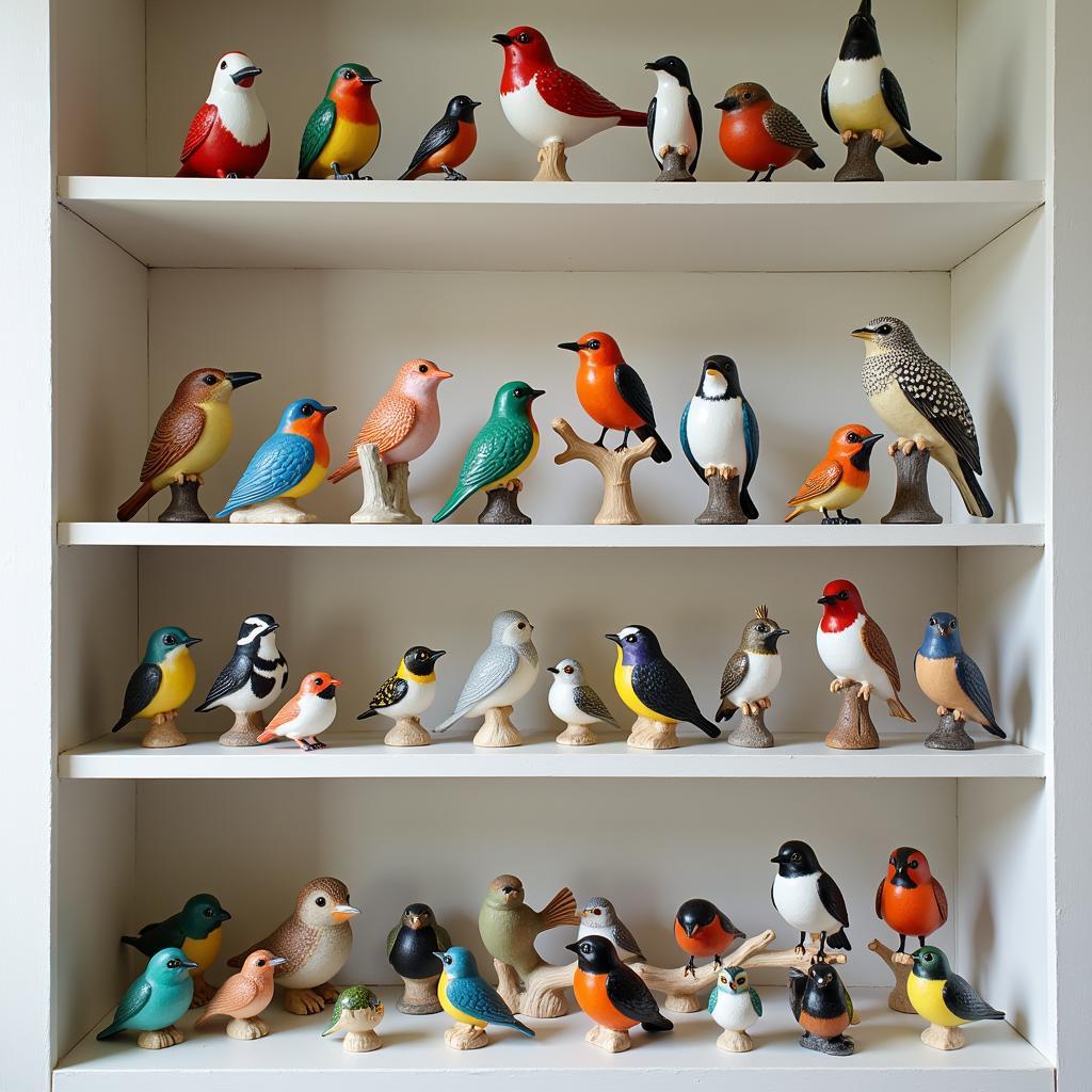 A collection of colorful miniature ceramic birds displayed on a shelf