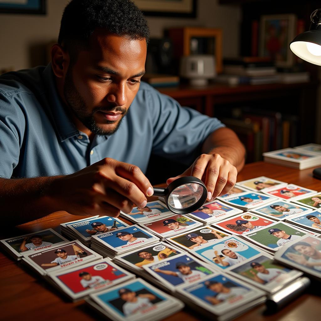 Collector examining a collection of Topps Stadium Club Ken Griffey Jr. cards