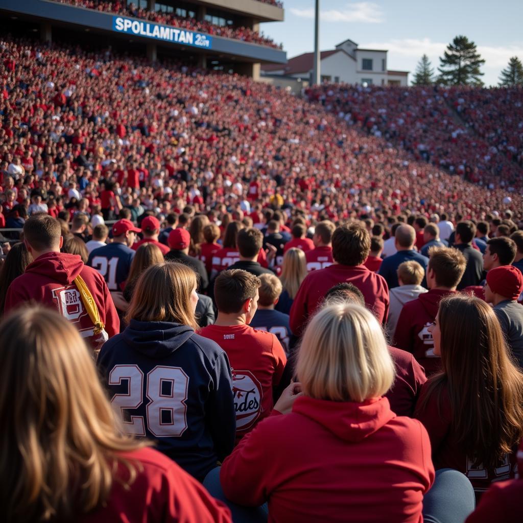 Students wearing college stadium sweatshirts in a crowded stadium