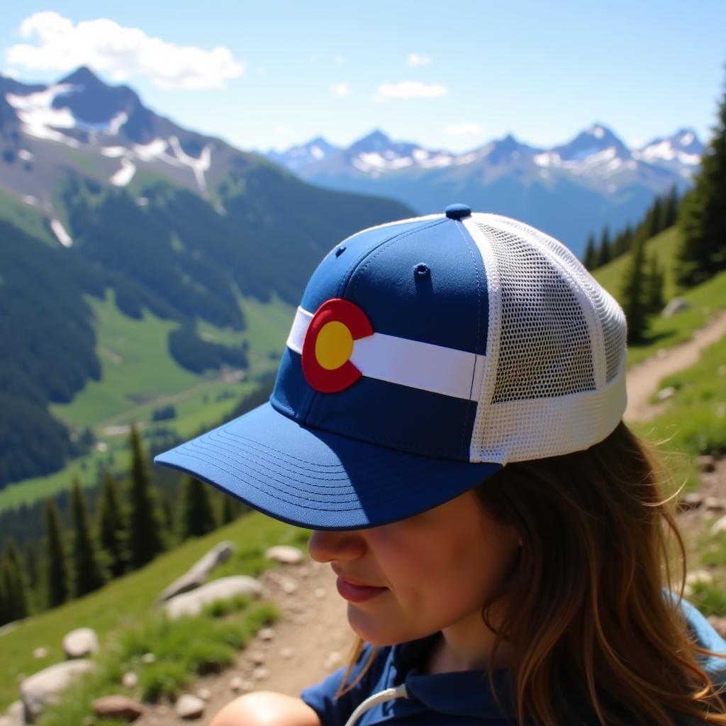 A hiker wearing a Colorado flag hat while enjoying a scenic view