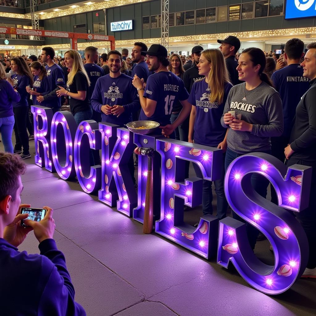 Fans gathering around tailgate letters at a Colorado Rockies game