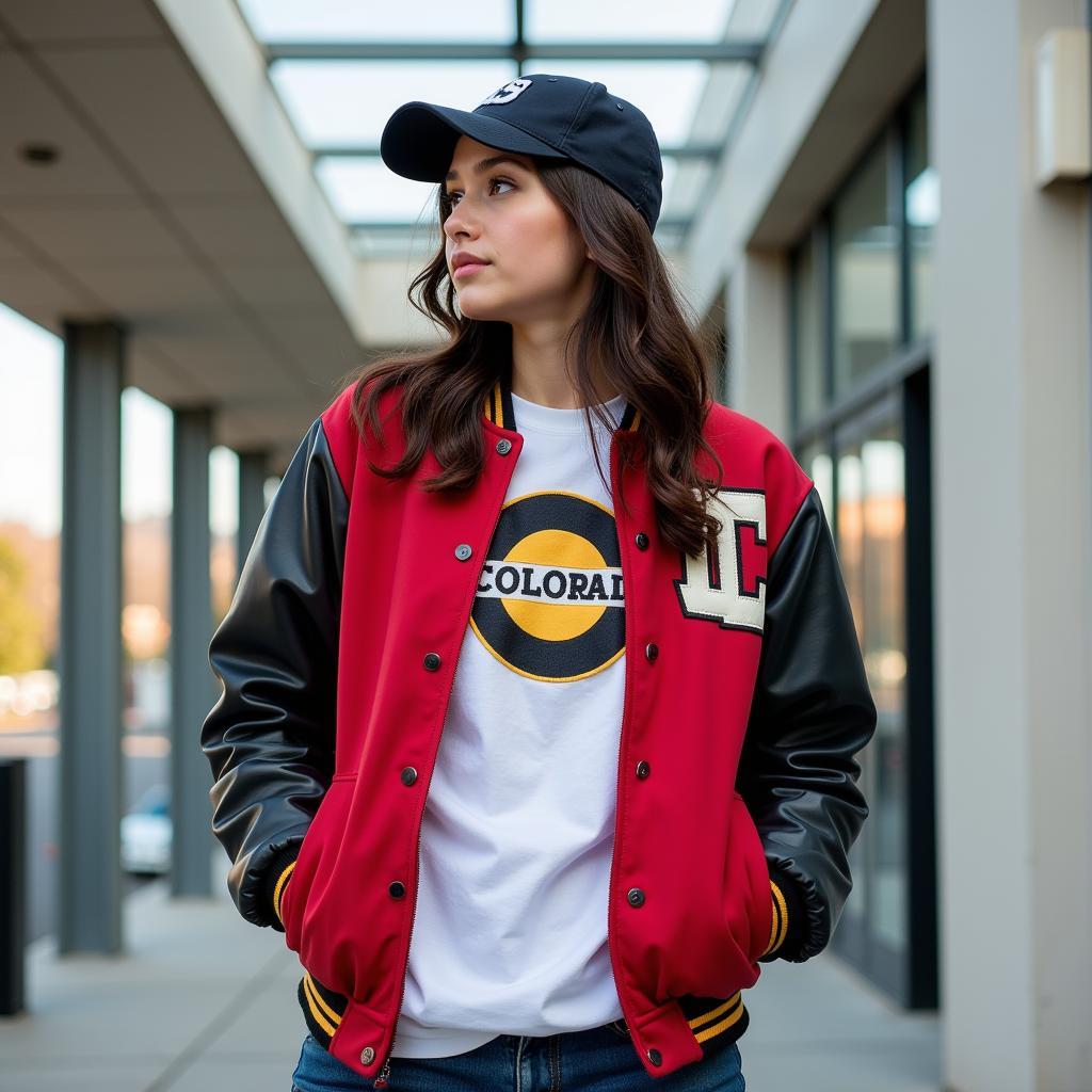 A stylish individual wearing a Colorado varsity jacket as part of a contemporary outfit.