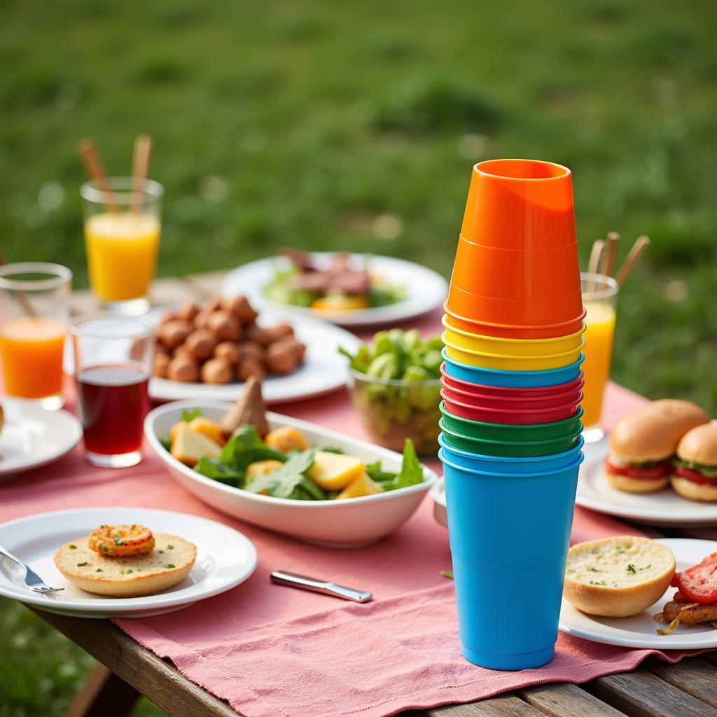 Colorful plastic cups at an outdoor event