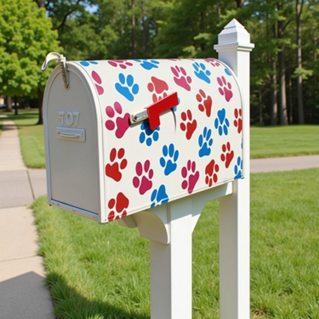 A standard mailbox adorned with a vibrant mailbox cover featuring a pattern of colorful dog paw prints.