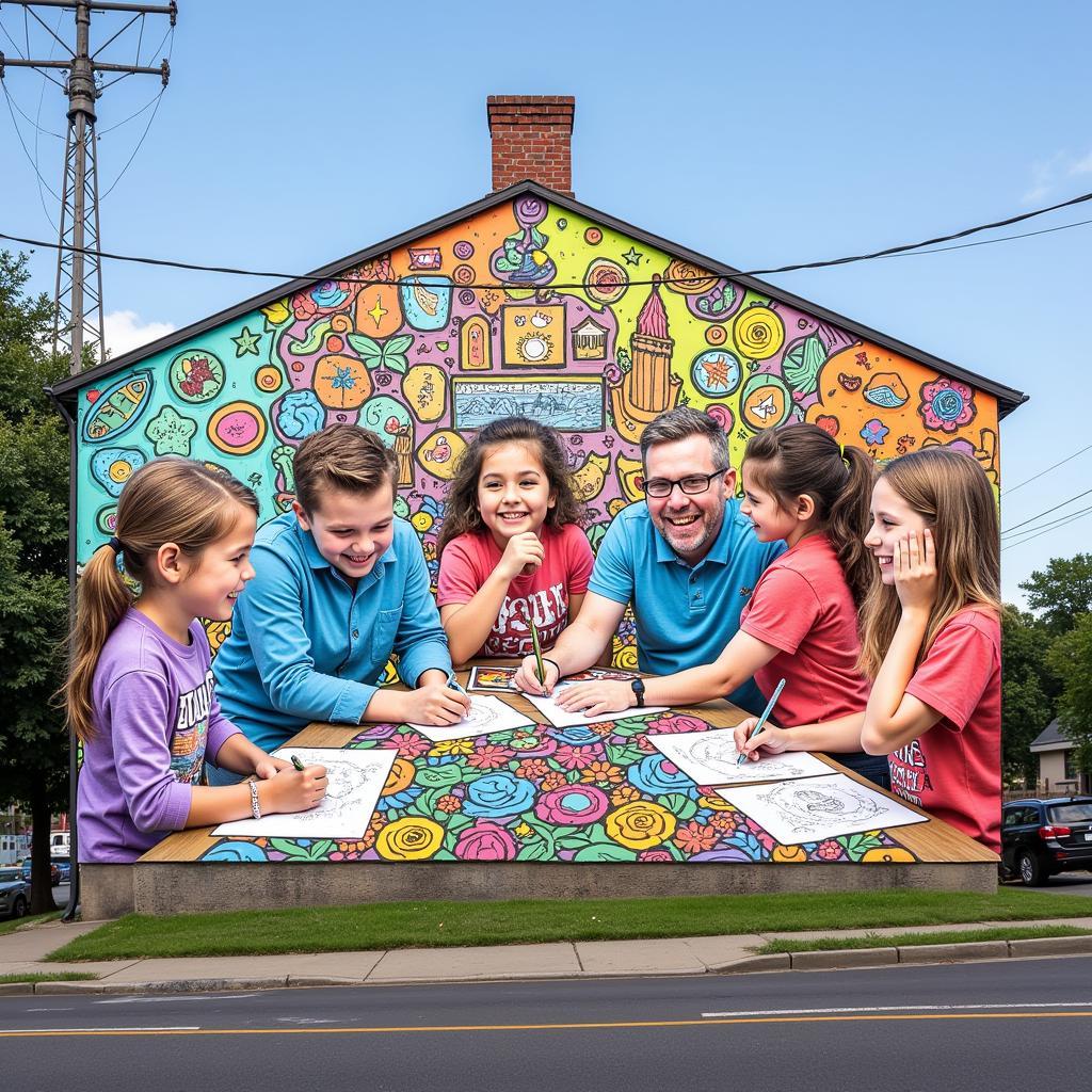 Community engaging with a coloring mural