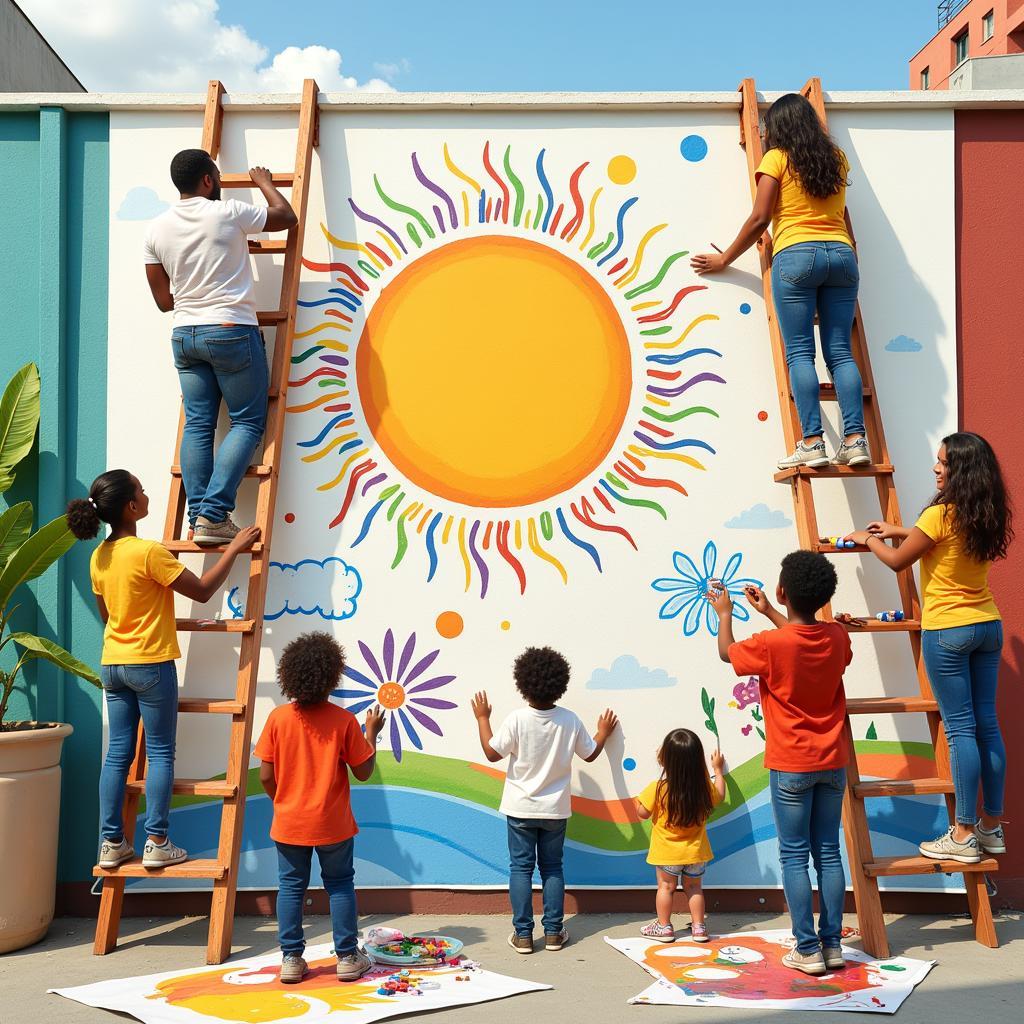 Community members participating in a coloring mural event