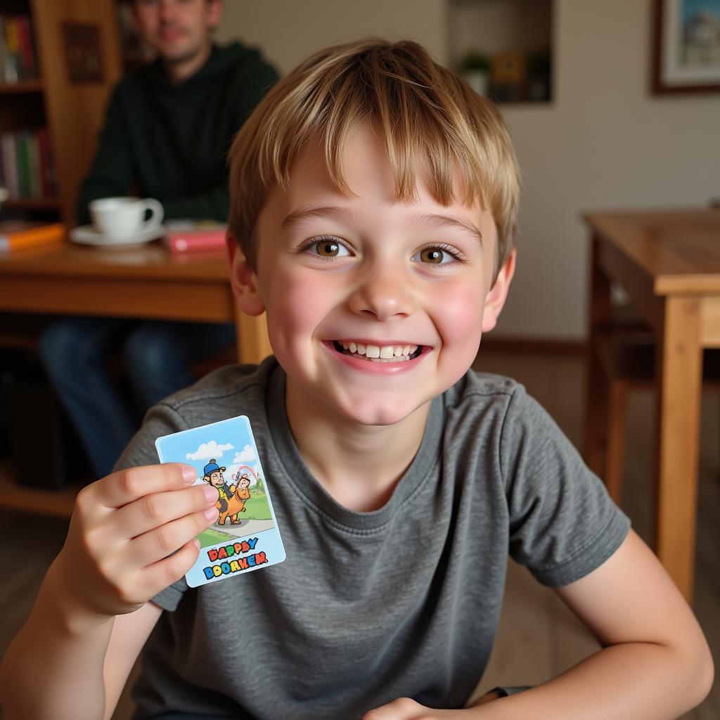 Young collector excitedly discovering a sports card at a show in Columbus, Ohio