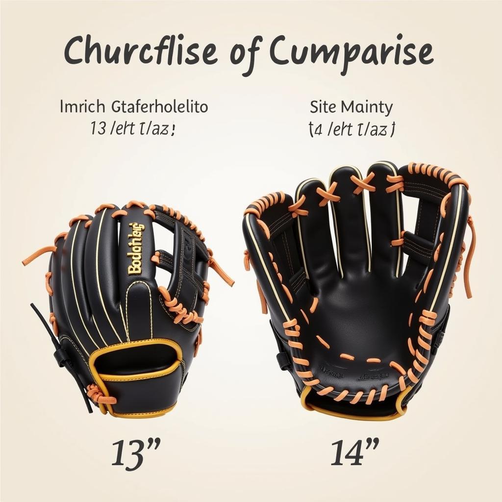 Two softball gloves, one 13-inch and one 14-inch, placed side by side for comparison