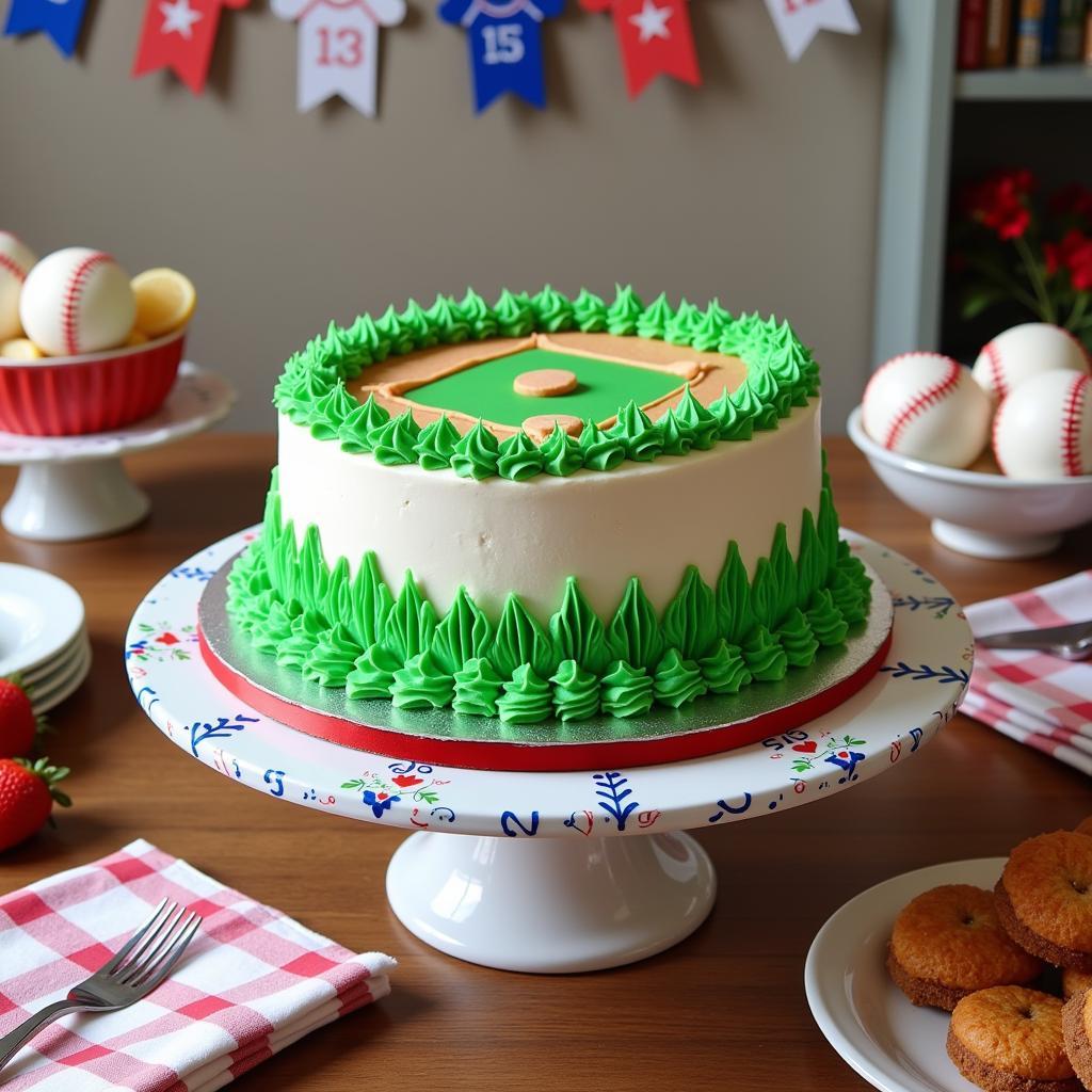 A beautifully decorated baseball field birthday cake, complete with intricate details and miniature baseball players.