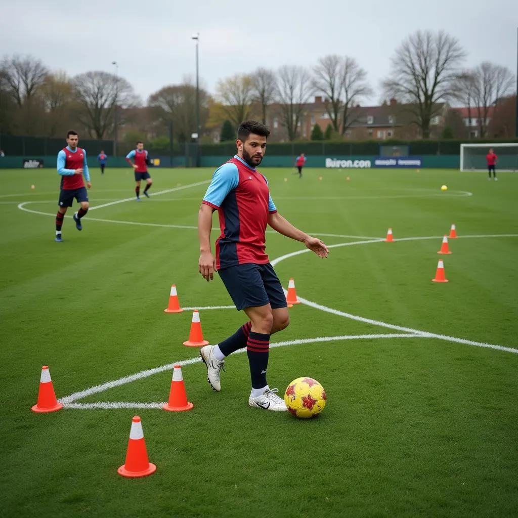 Football player practicing foot cookies with cones