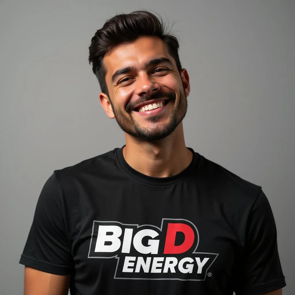 Close-up of a person radiating confidence in a &quot;Big D Energy&quot; shirt