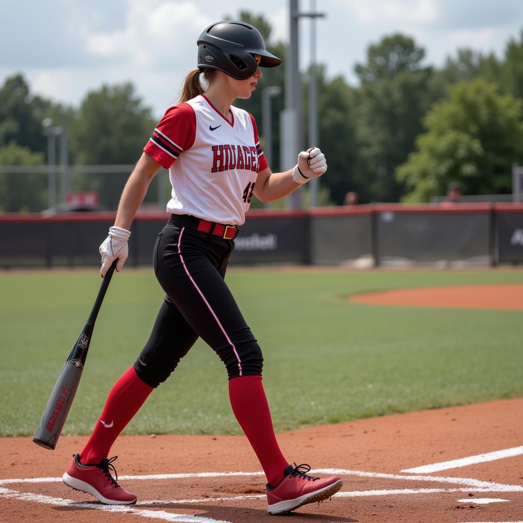 A softball player confidently steps up to bat