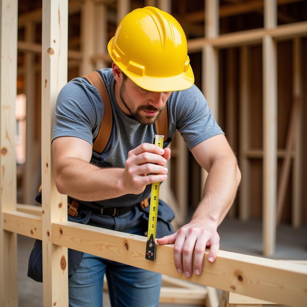 Construction worker using a measuring tape on a building site.