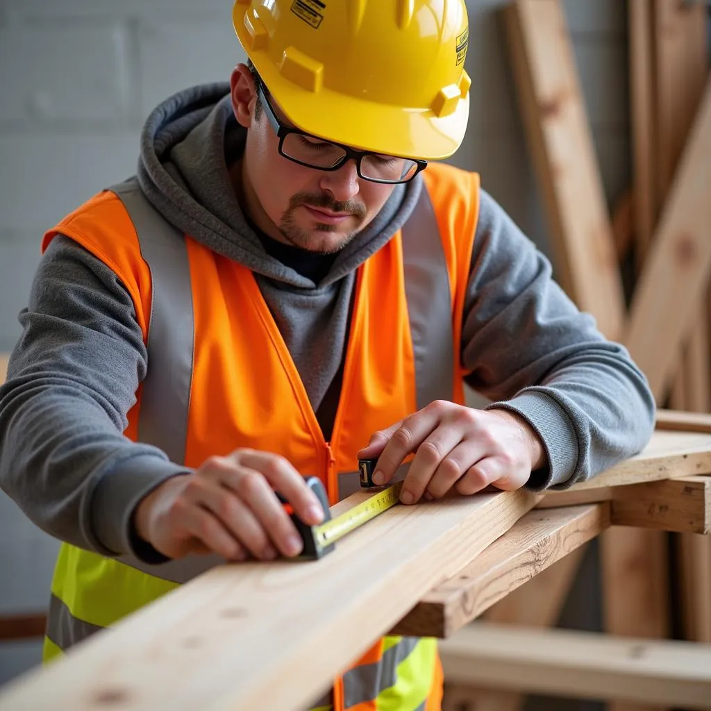 Construction worker measuring wood with a tape measure