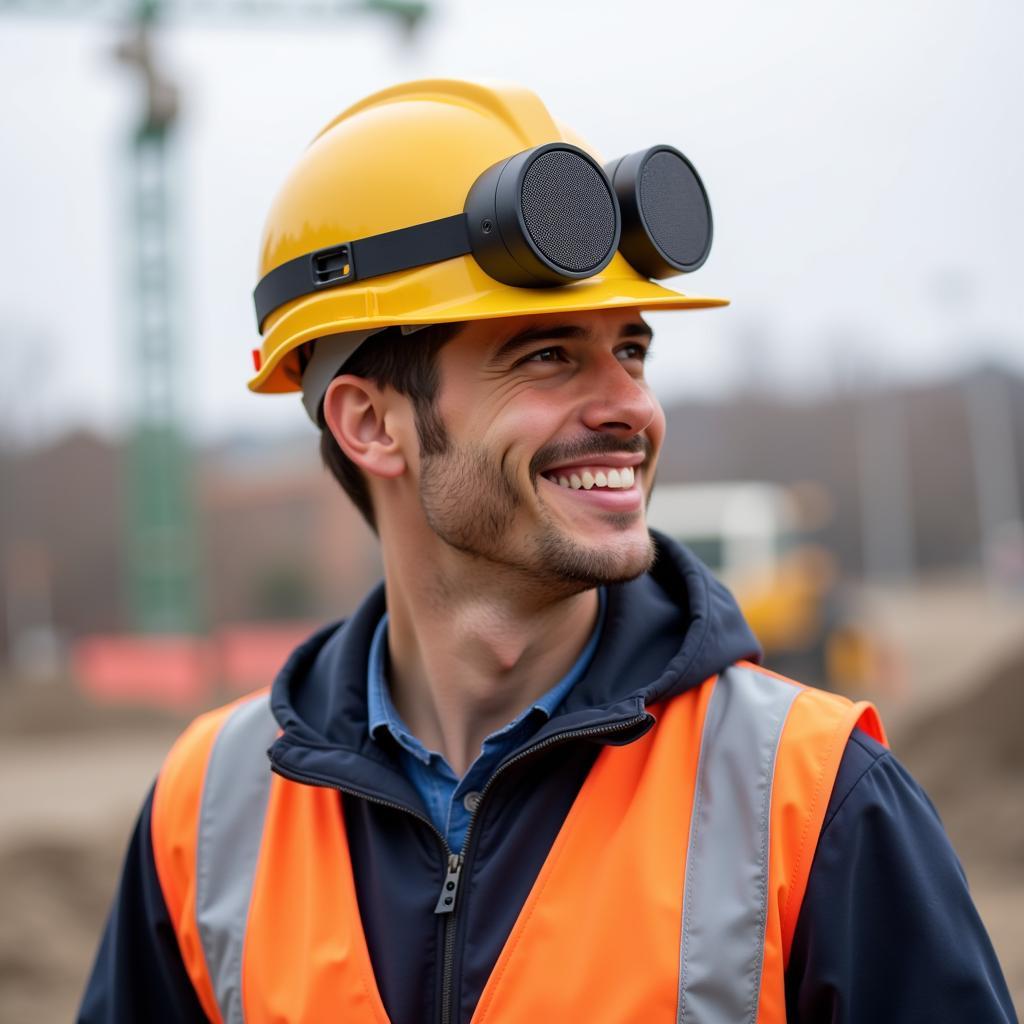 Construction worker wearing a hard hat with Bluetooth speakers