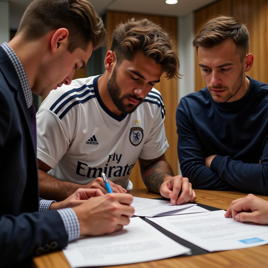 A football player signing a contract