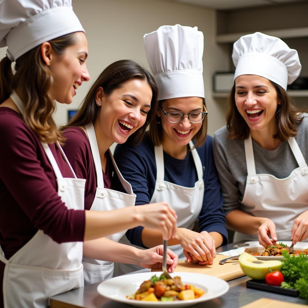 Teachers laughing while participating in a cooking class