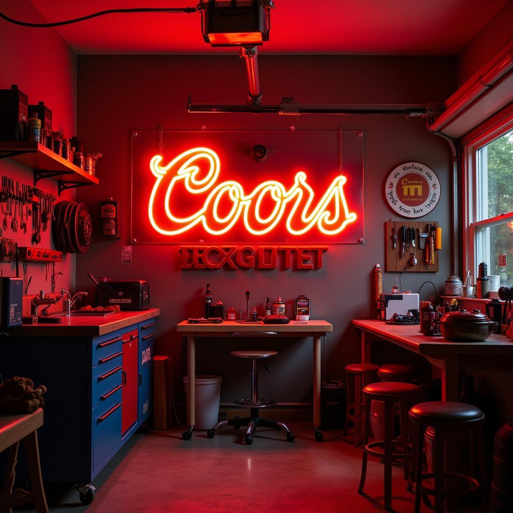 Coors LED Sign Hanging in a Garage