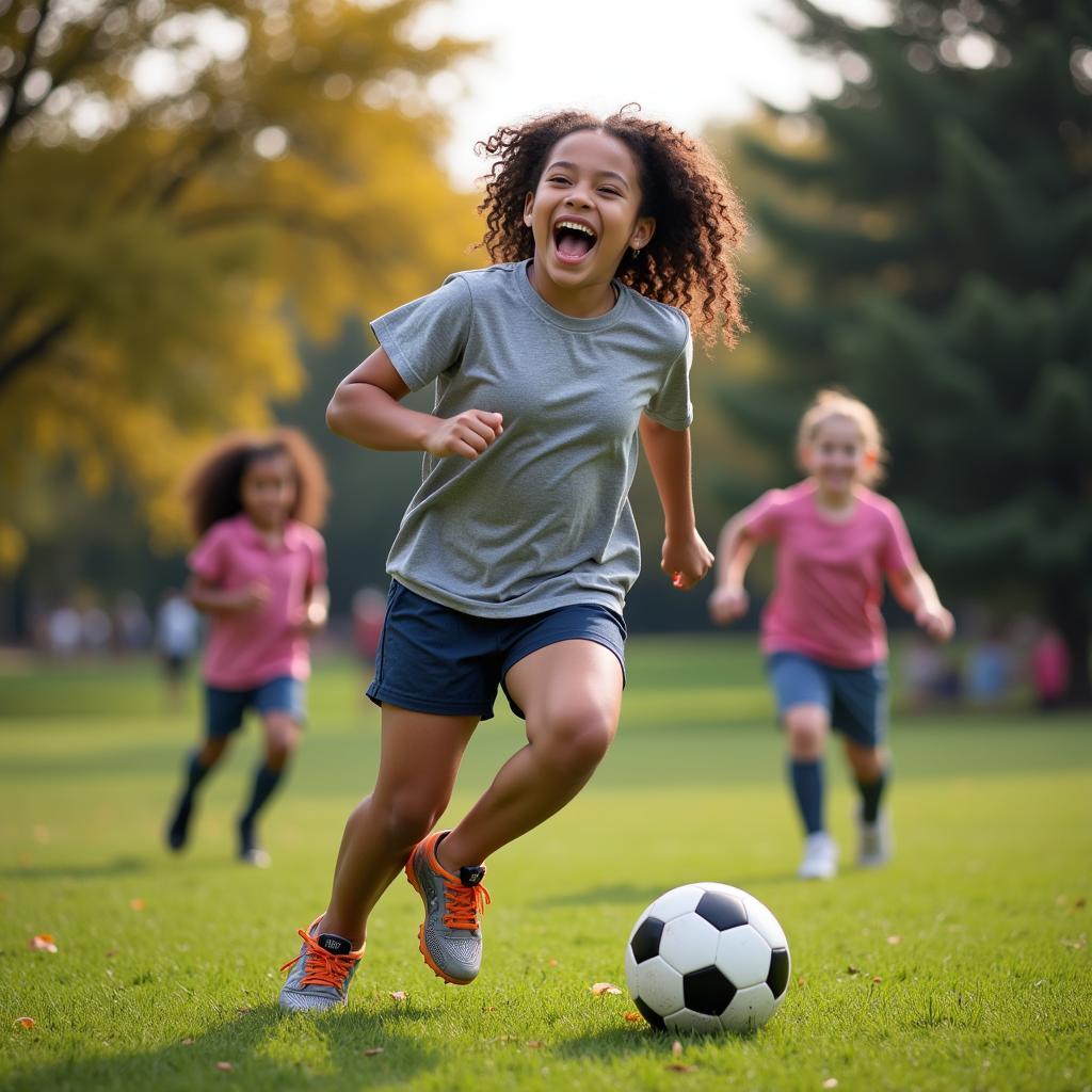 Cora Betts playing football with her friends