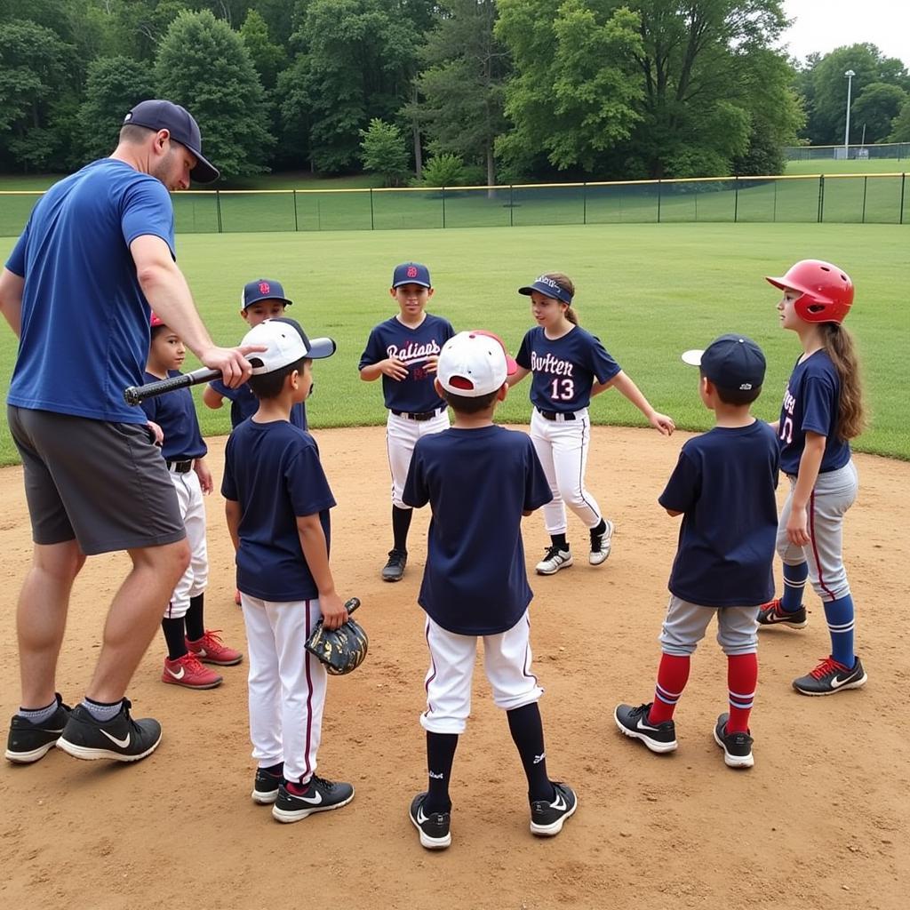 Coach explaining baseball techniques to young players