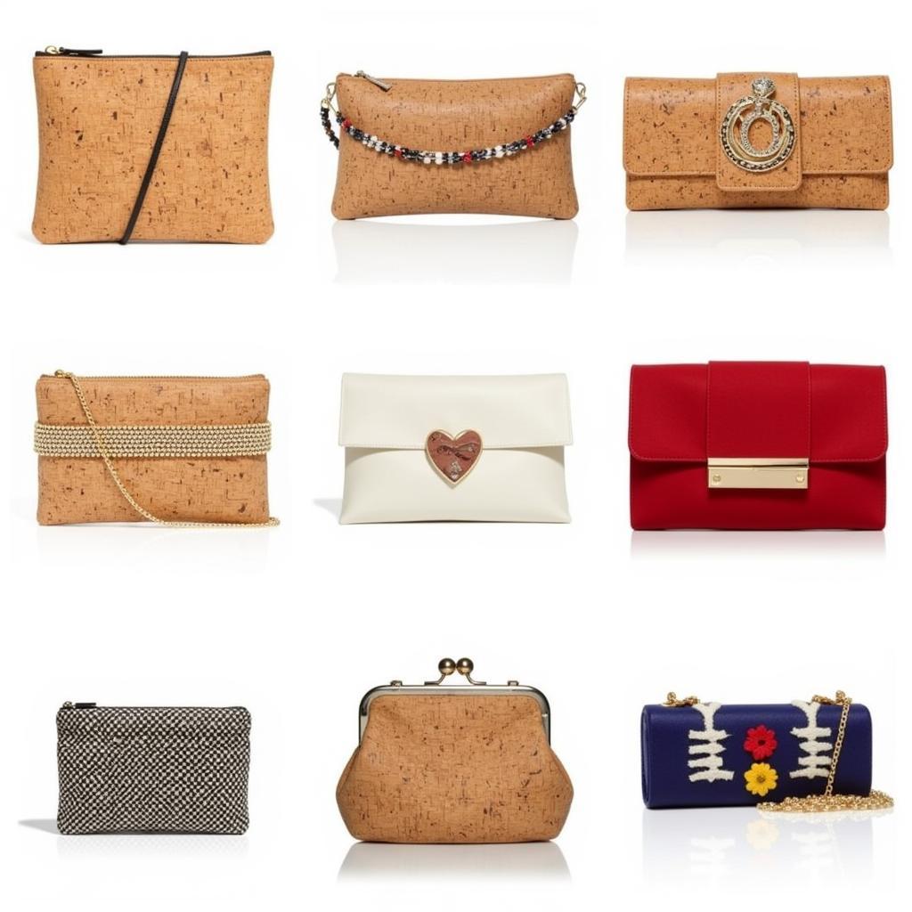 Different styles of cork clutch purses