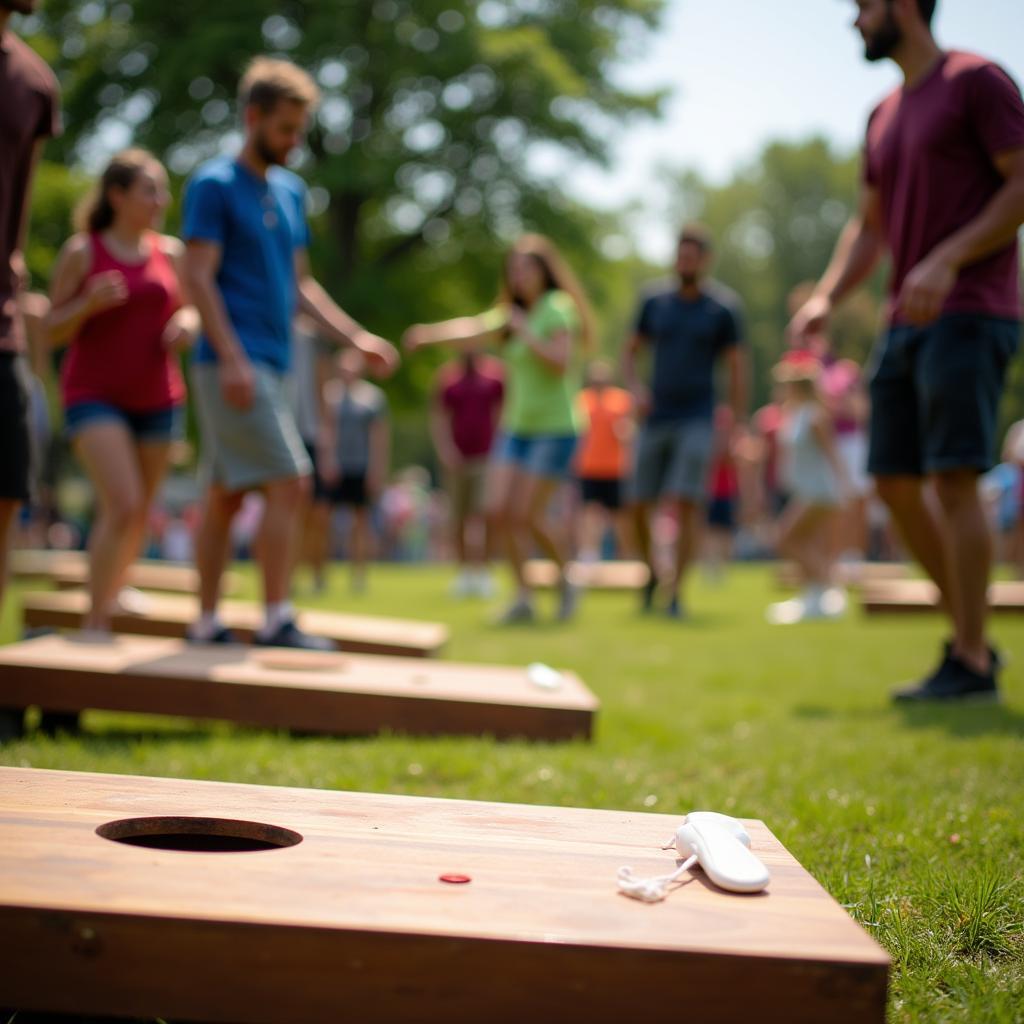 Cornhole bags in action during a game