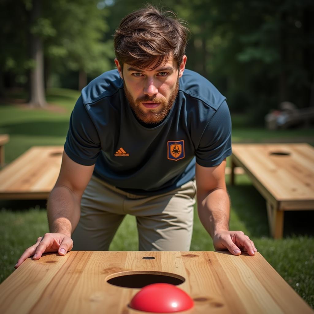 A cornhole player aiming and tossing a bag