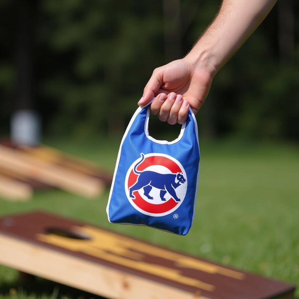 Cornhole player perfecting their tossing technique with a Chicago Cubs cornhole bag