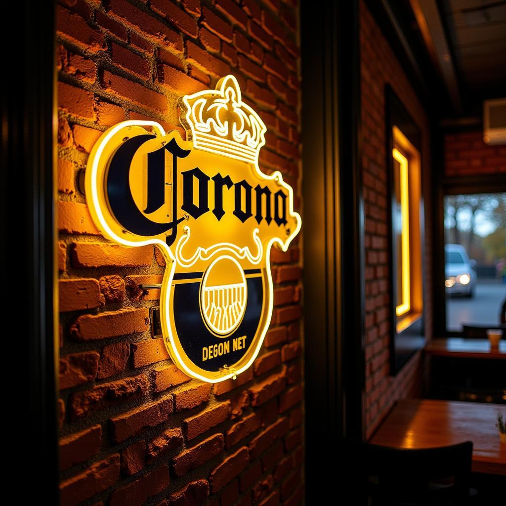 Vintage Corona Light Sign on Exposed Brick Wall