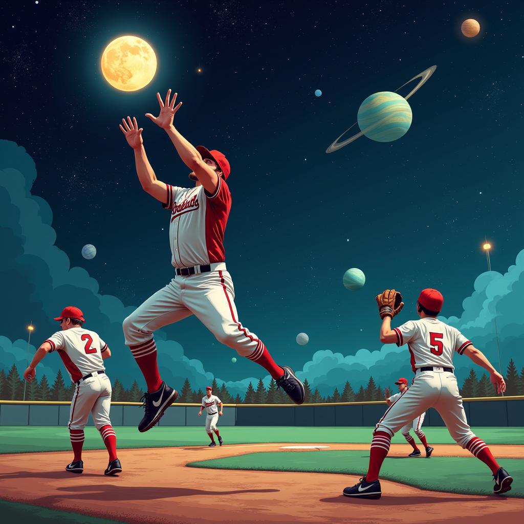 Cosmic baseball game in full swing with players in futuristic uniforms