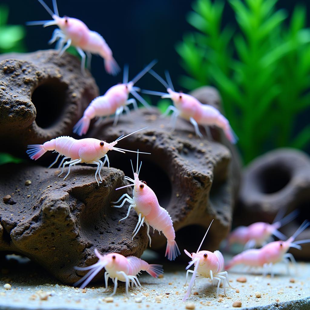 Cotton candy shrimp perched on a piece of live rock in an aquarium